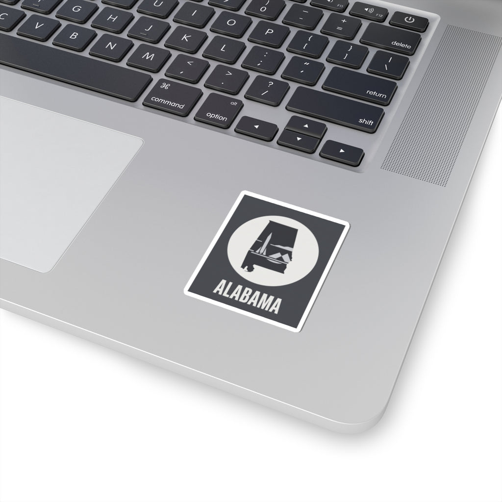 Alabama state outline vinyl decal, square white-bordered sticker with Alabama text and icon