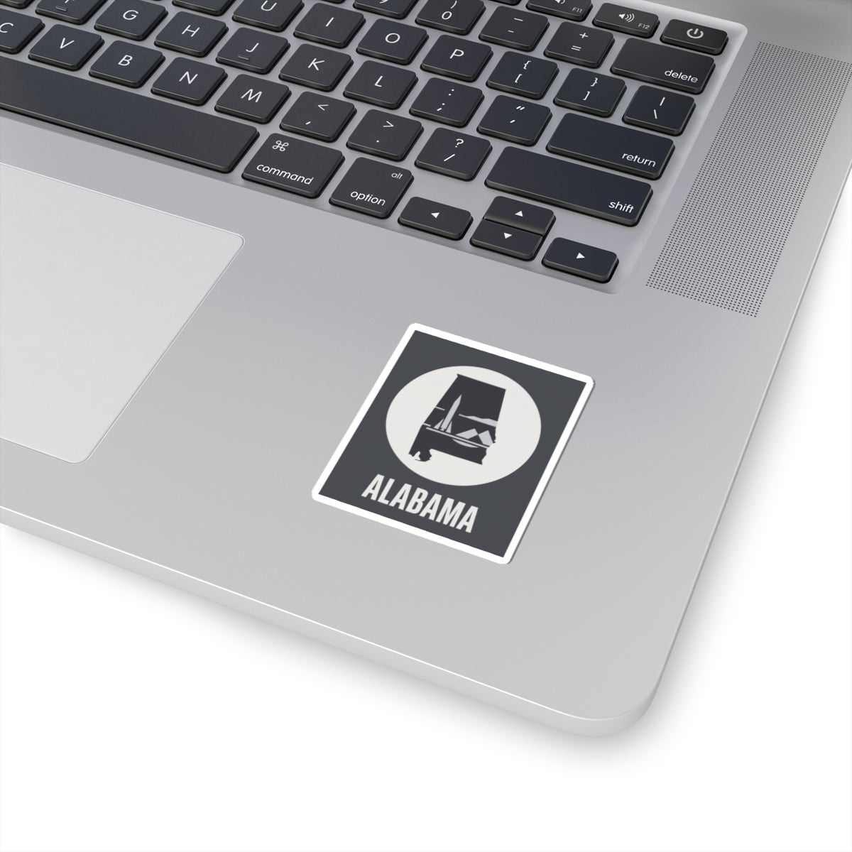 Alabama state outline vinyl decal, square white-bordered sticker with Alabama text and icon