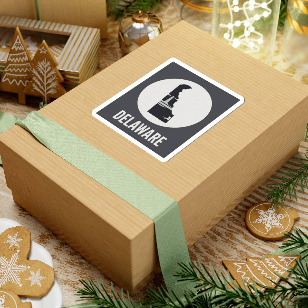Delaware state silhouette sticker on gift wrap, dark badge with white circle and DELAWARE text