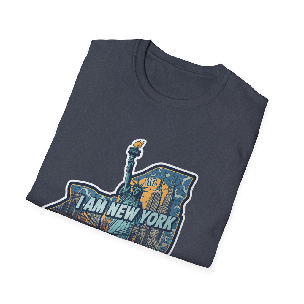Dark heather navy tee with 'I AM NEW YORK' skyline graphic