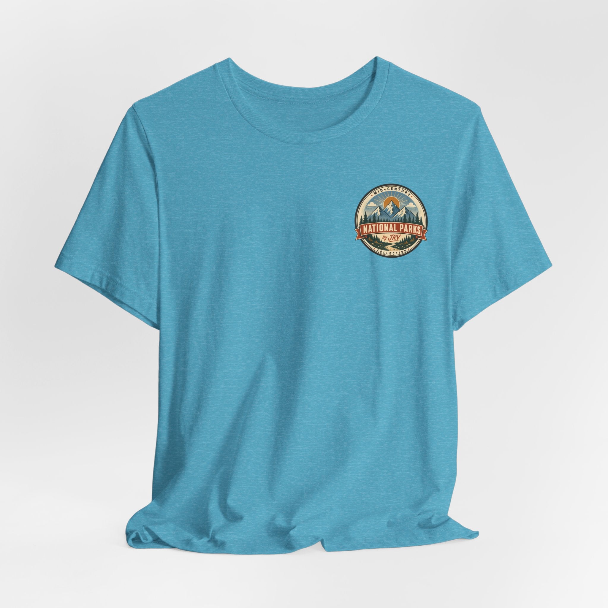 Teal crew-neck t-shirt with small round National Park logo on the chest