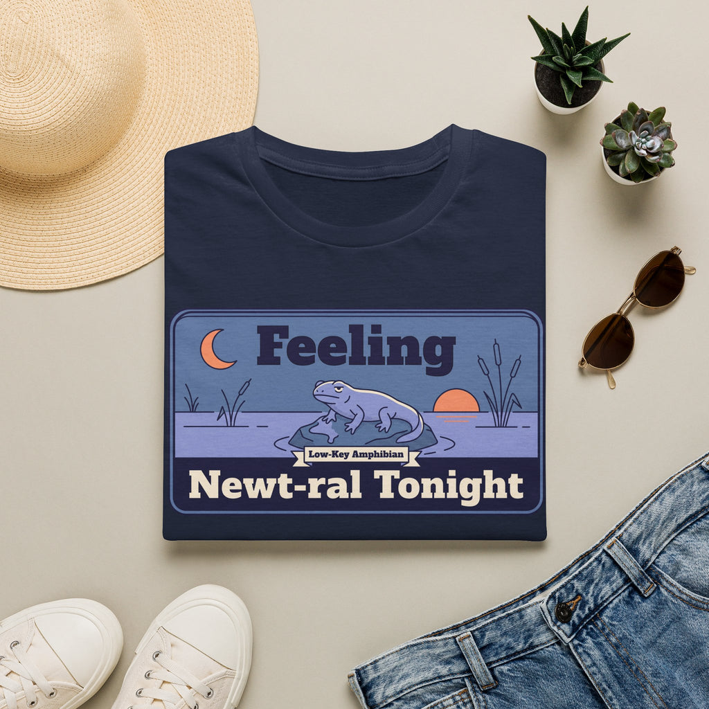Navy T-shirt with cartoon newt and moon graphic, 'Feeling Newt-ral Tonight' text