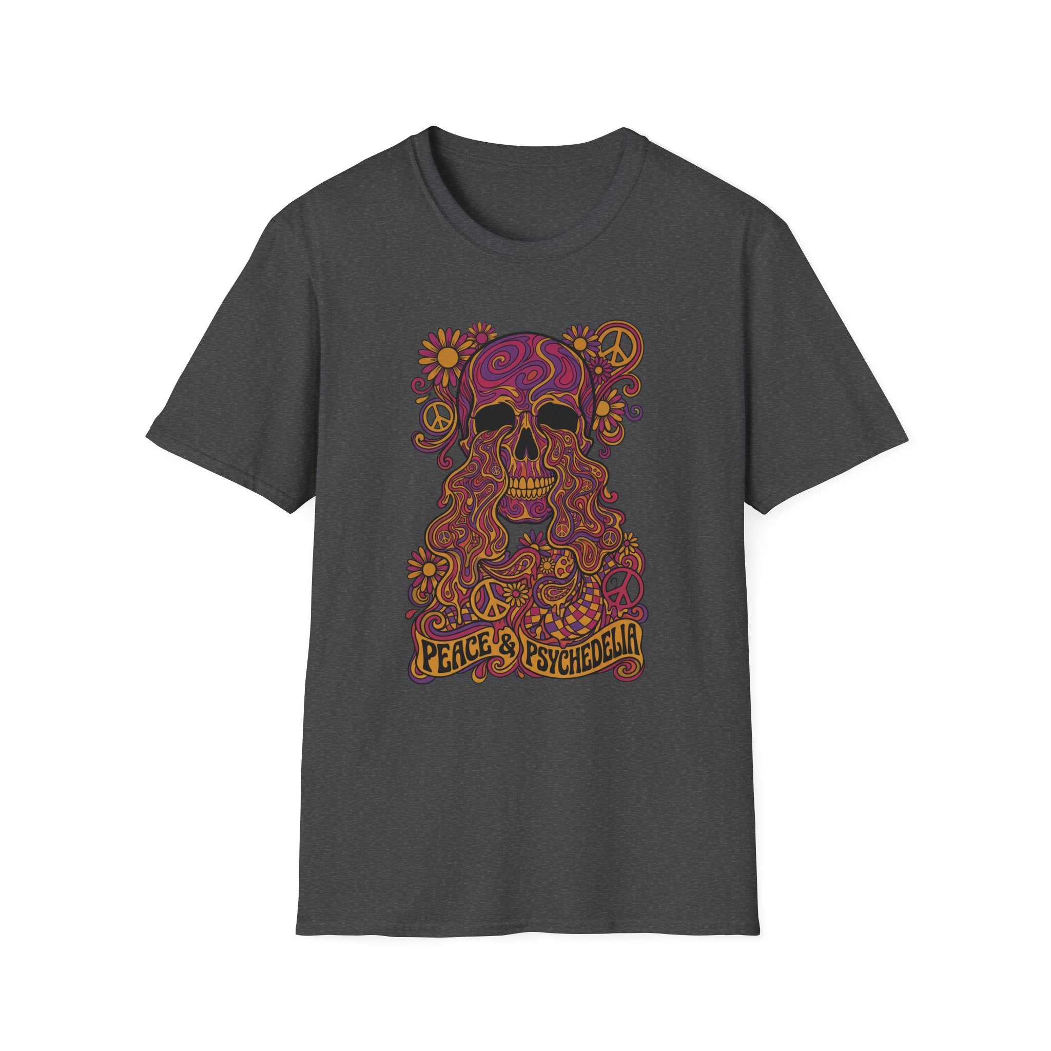 Skull T-shirt in dark gray with colorful floral psychedelic skull graphic and peace slogan
