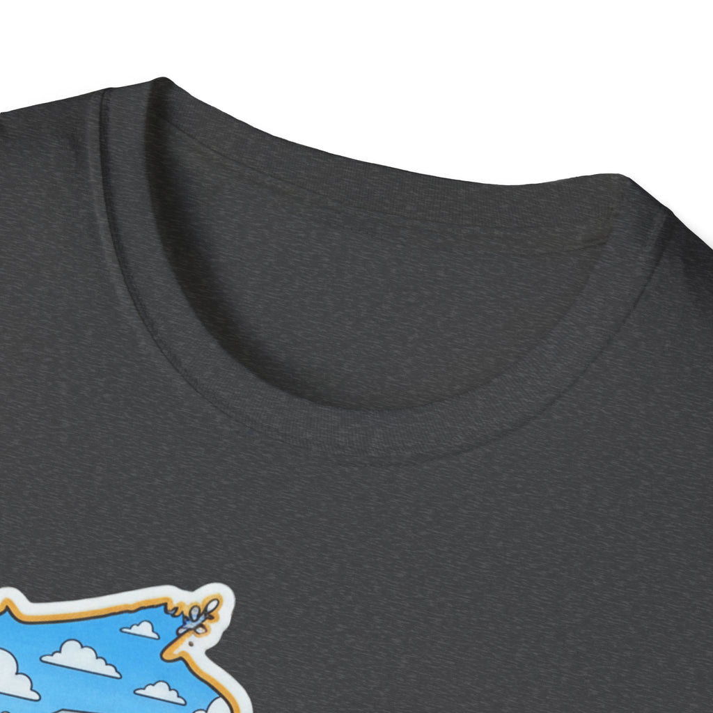 Charcoal black T-shirt crew neck close-up with partial Wisconsin graphic
