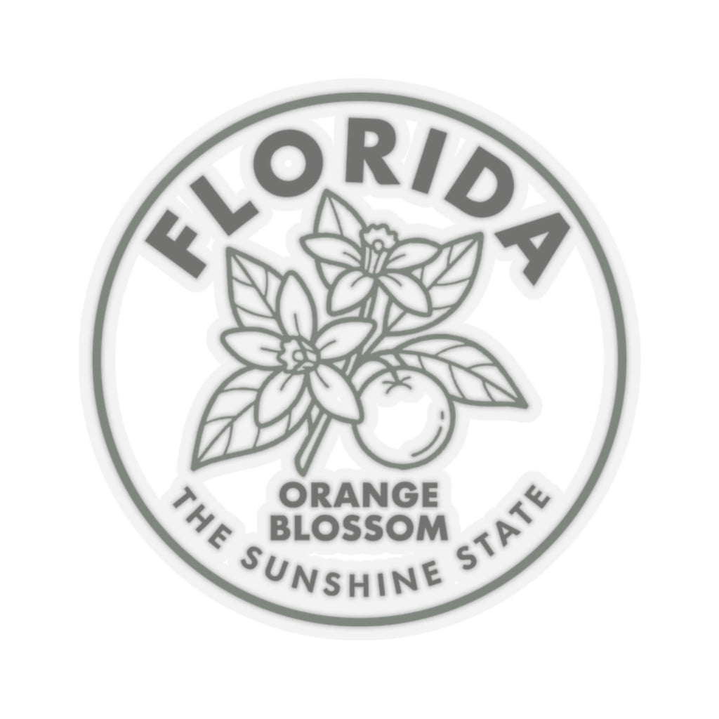 Transparent vinyl sticker, circular Florida orange blossom emblem with leaf and text