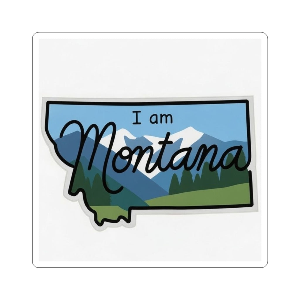 I am Montana sticker: blue sky mountains, cursive text, die-cut outline