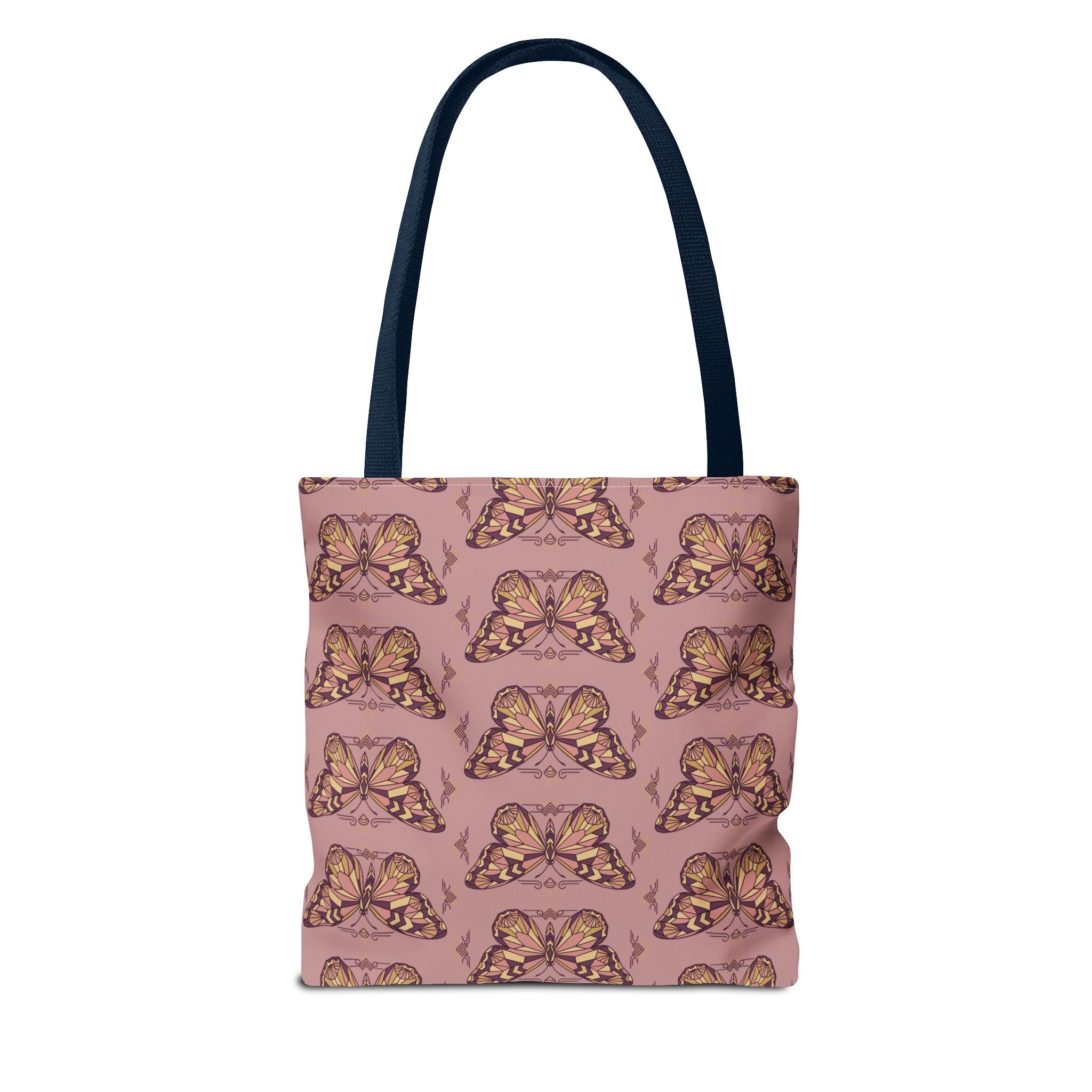 Pink tote bag with all-over vintage butterfly pattern and navy handles