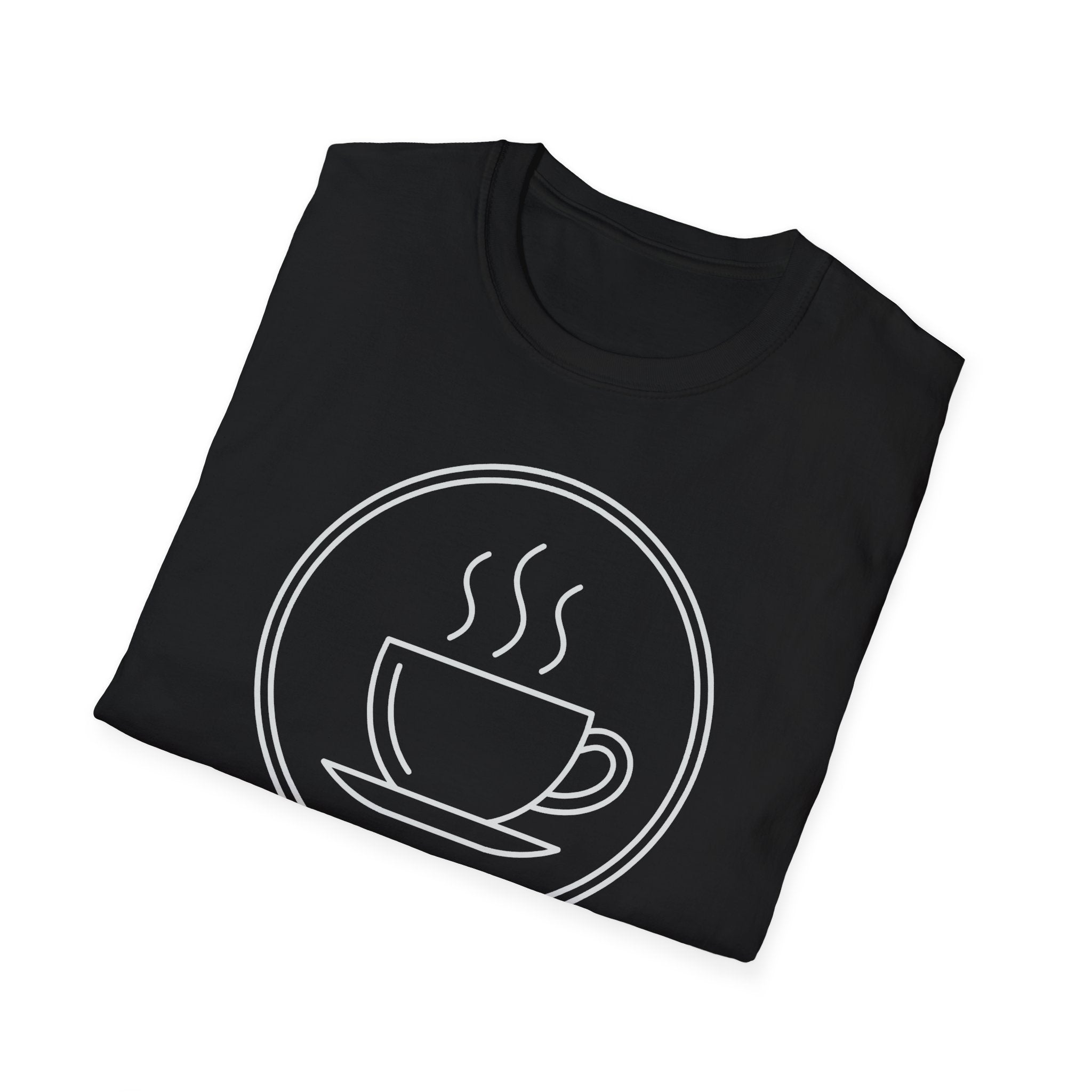 Black coffee graphic T-shirt with steaming cup icon inside circular border