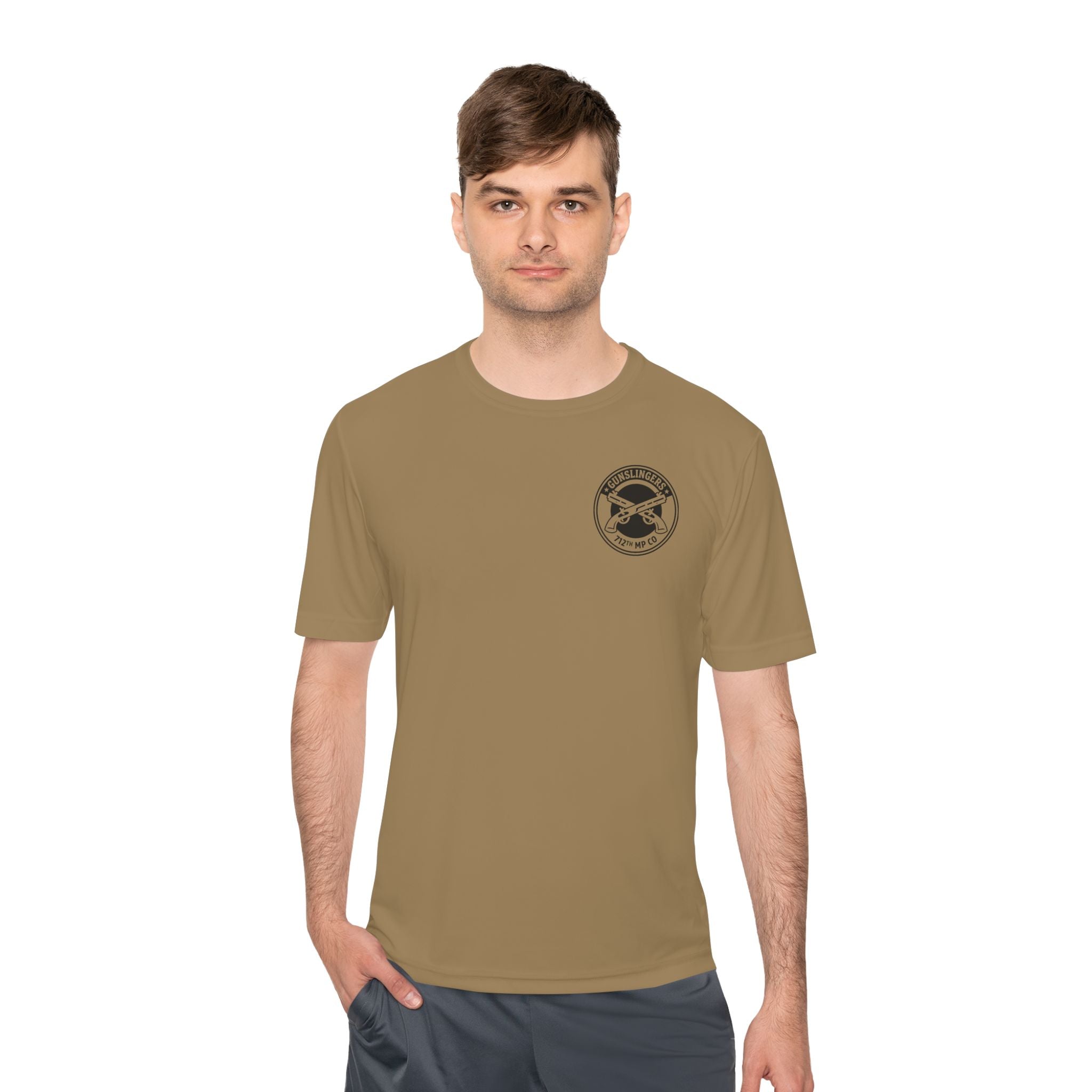 Coyote brown tactical T-shirt with crew neck and circular chest logo on model