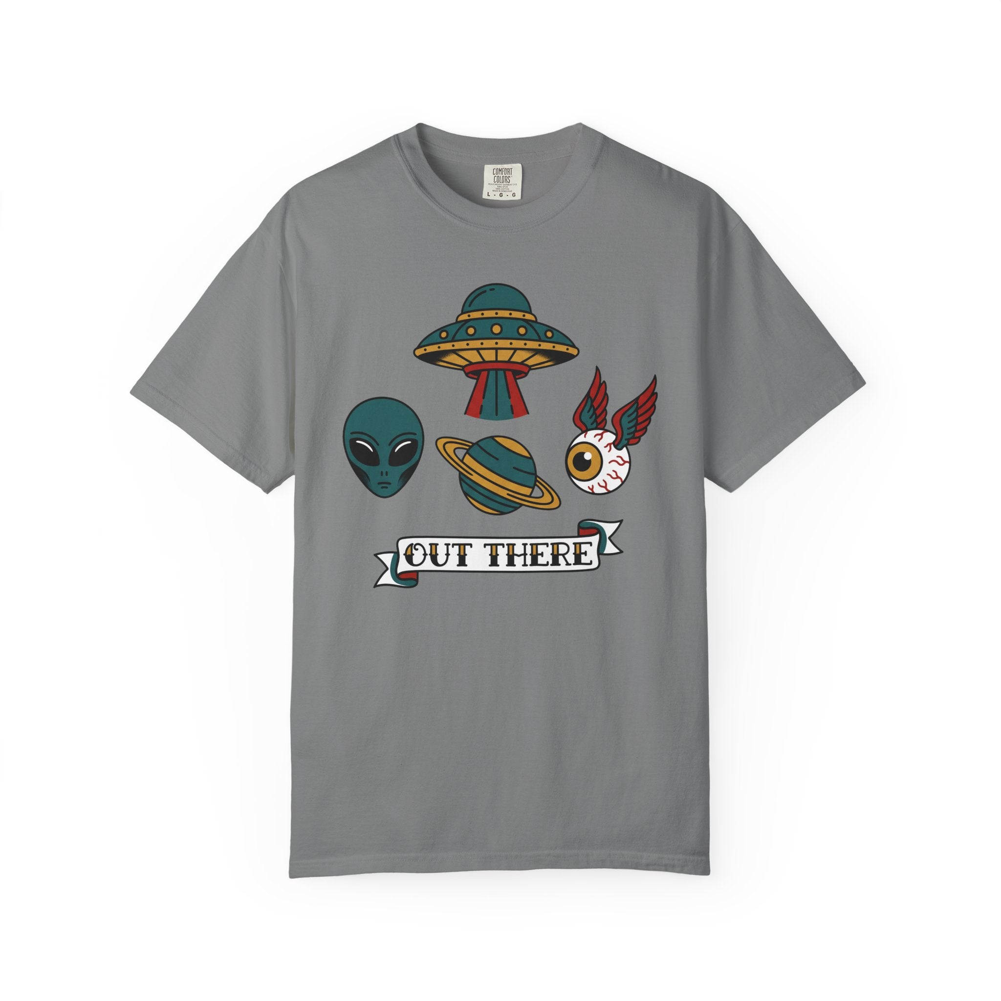 Light gray graphic T-shirt with alien, UFO, and "OUT THERE" patch-style print