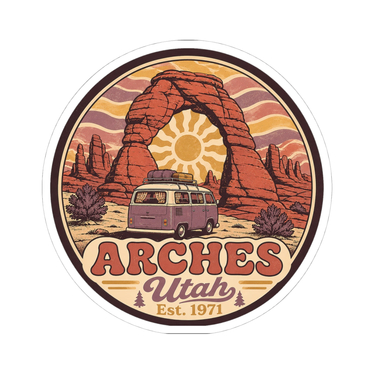 Round sticker depicting red rock arch, a purple camper van, and "ARCHES Utah Est. 1971"