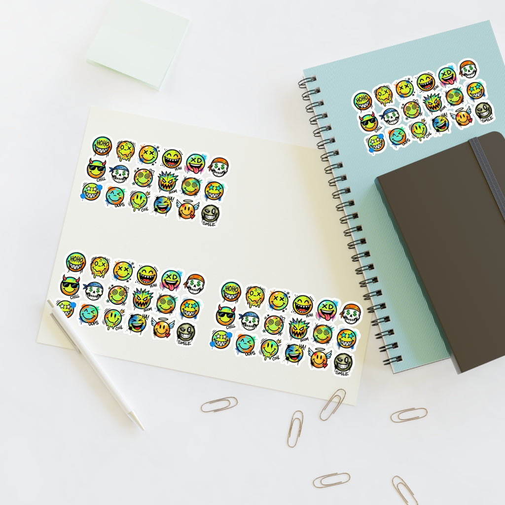 Emoji face sticker sheet with die-cut expressions, bright multi-colored icons on a page
