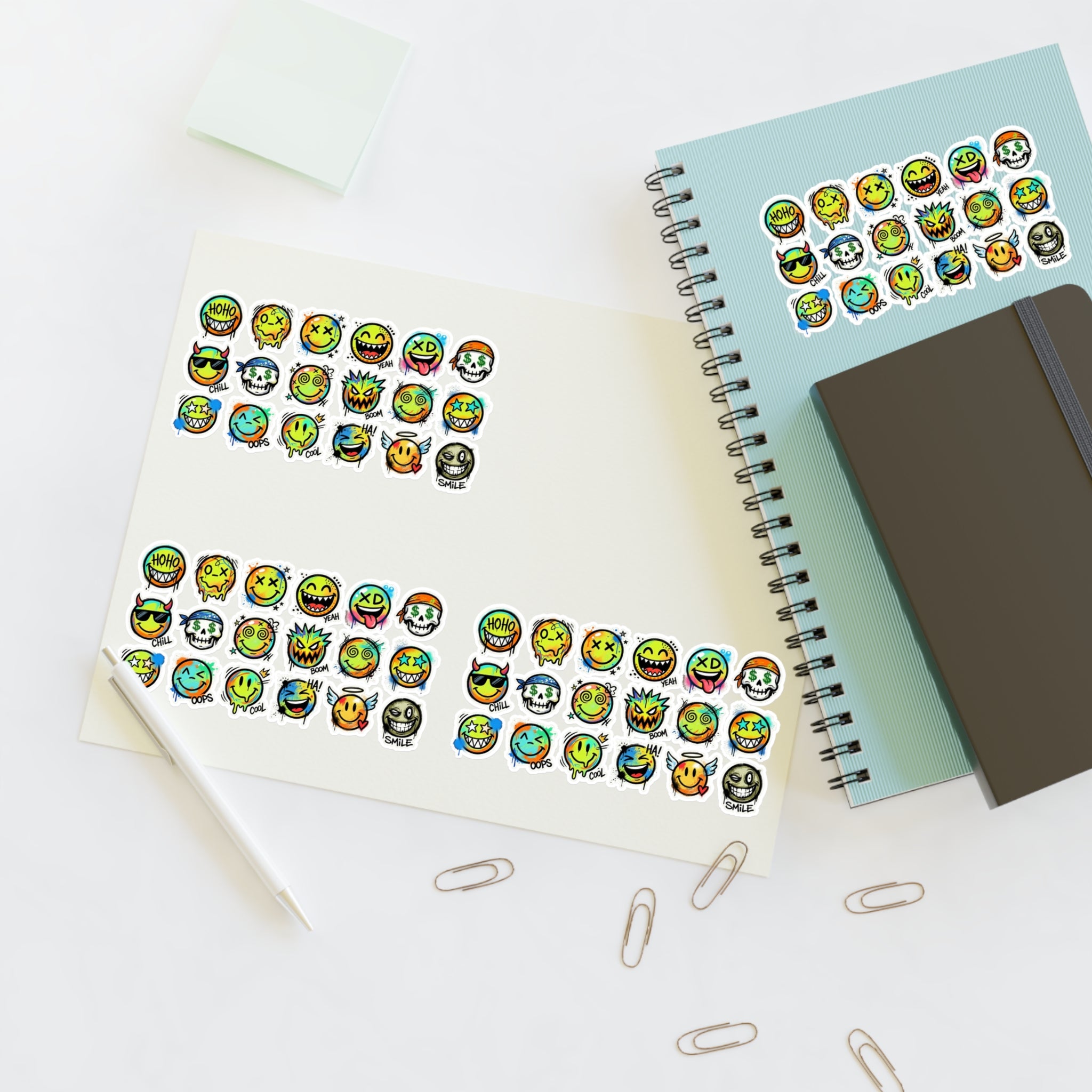 Emoji face sticker sheet with die-cut expressions, bright multi-colored icons on a page