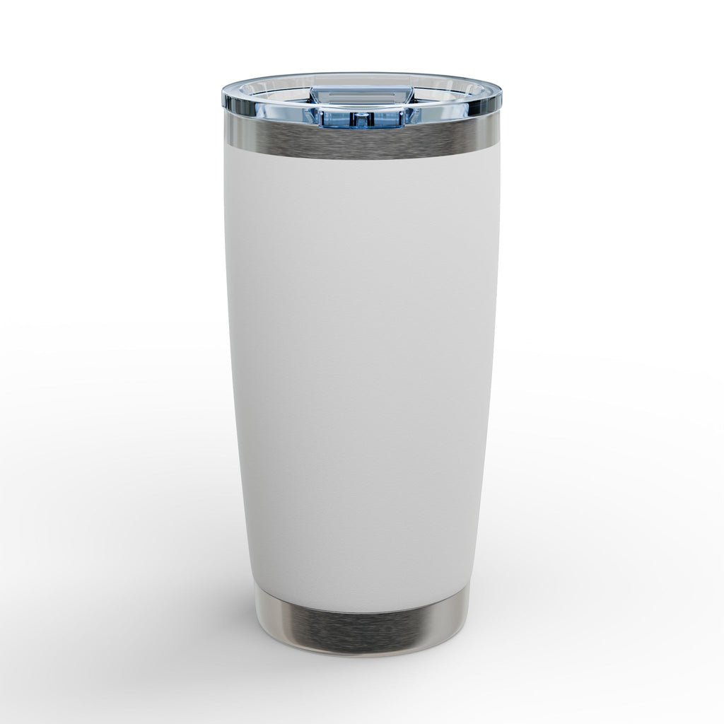 White stainless insulated travel tumbler with clear lid and brushed metal base