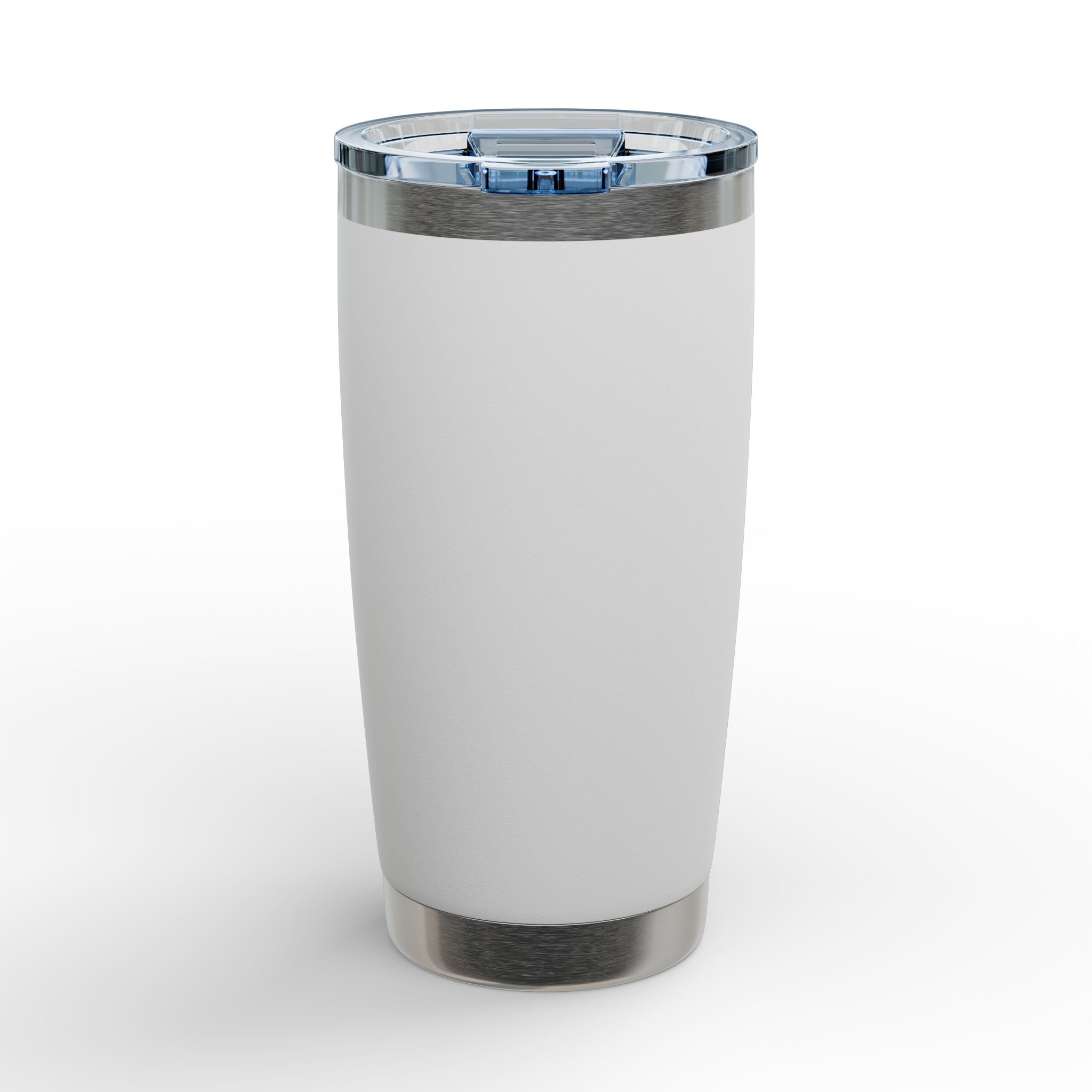 White stainless insulated travel tumbler with clear lid and brushed metal base