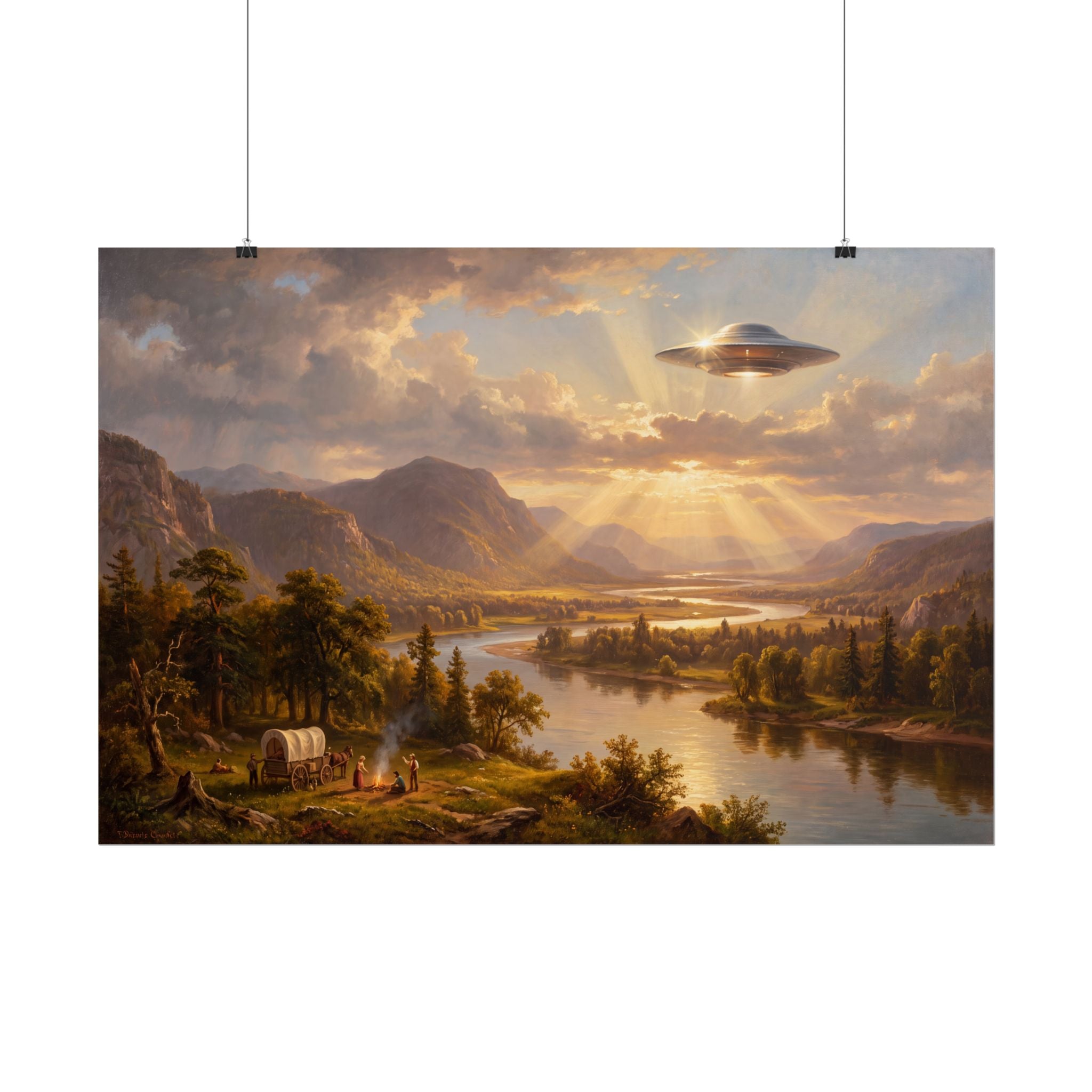 Landscape sunset poster with UFO in the sky above a winding river and forest