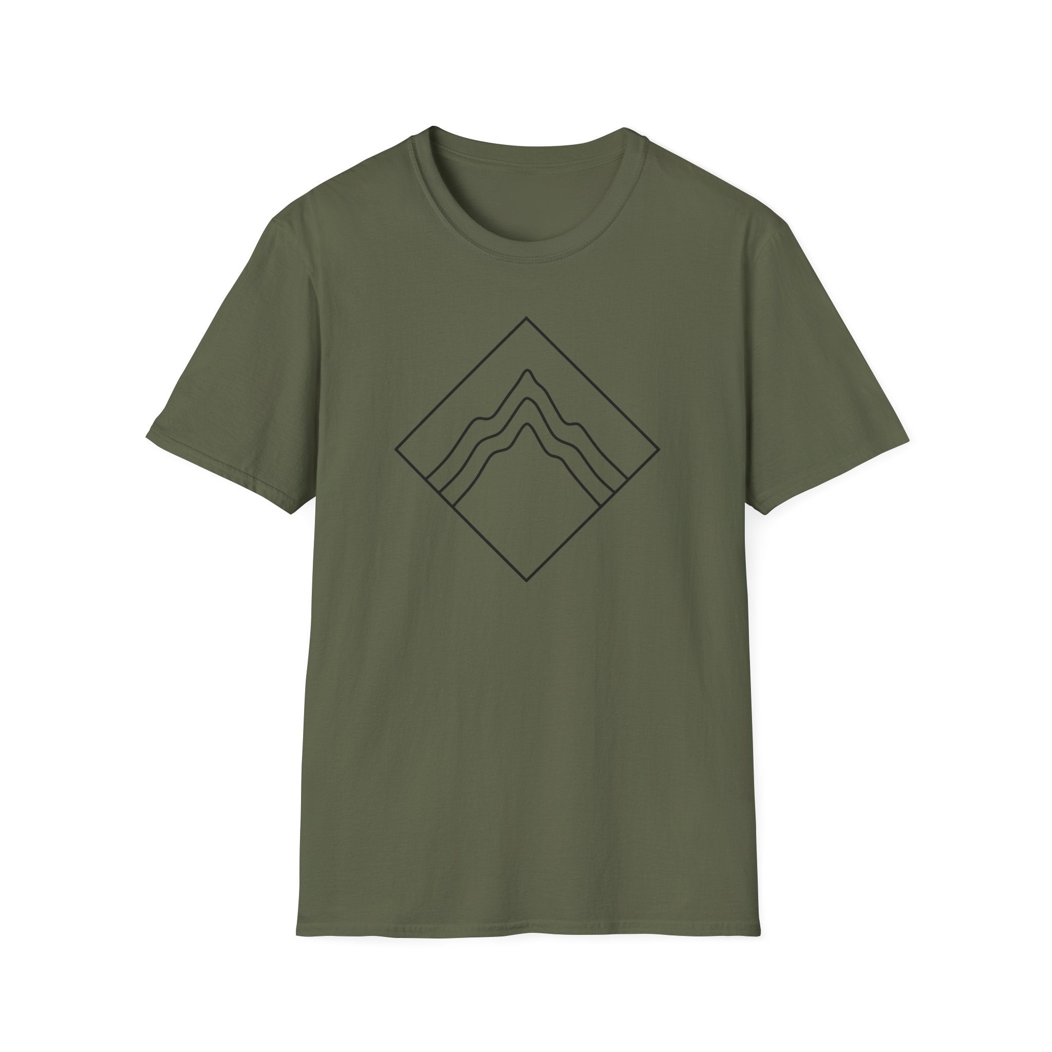 Military green T-shirt with diamond mountain line-art badge graphic