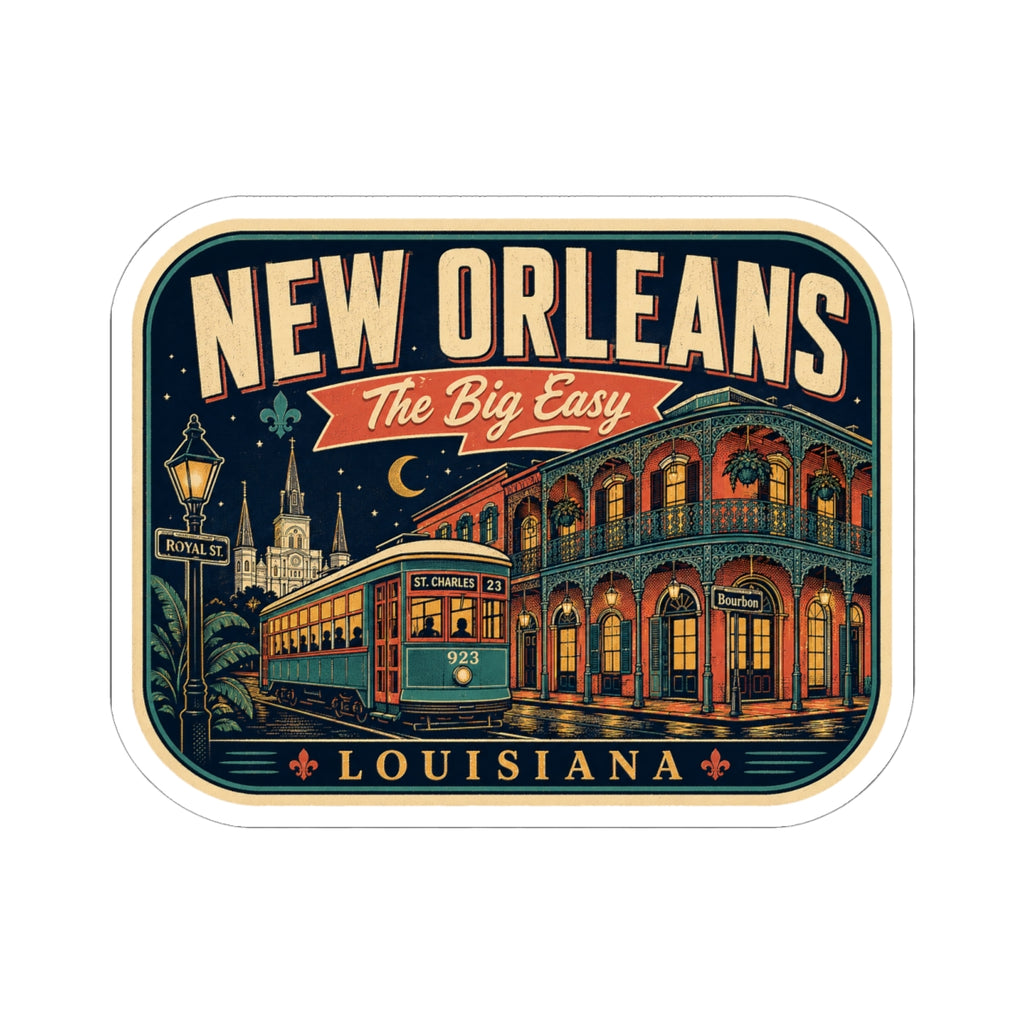 New Orleans luggage tag sticker decal with “LOUISIANA” at bottom and city scene art