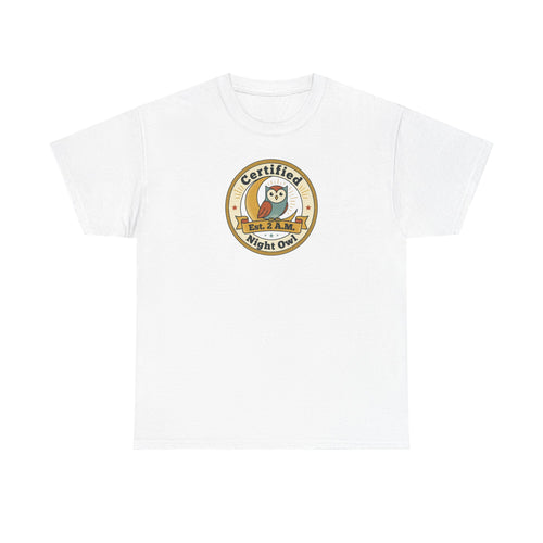 White crewneck T-shirt with round owl badge print on chest