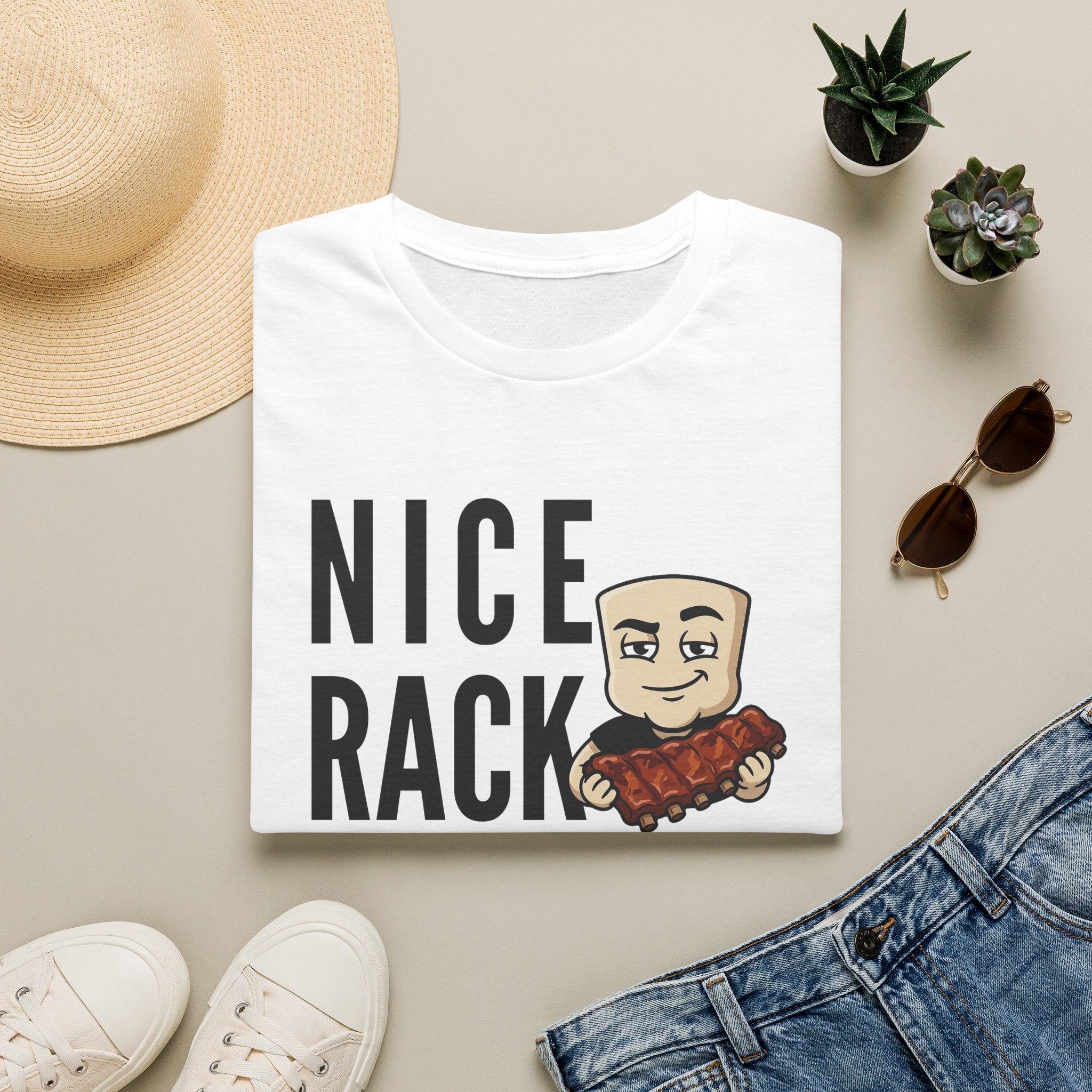 Nice Rack T-Shirt | Funny BBQ Ribs Grilling Tee | Cookout Humor Food Pun Gift