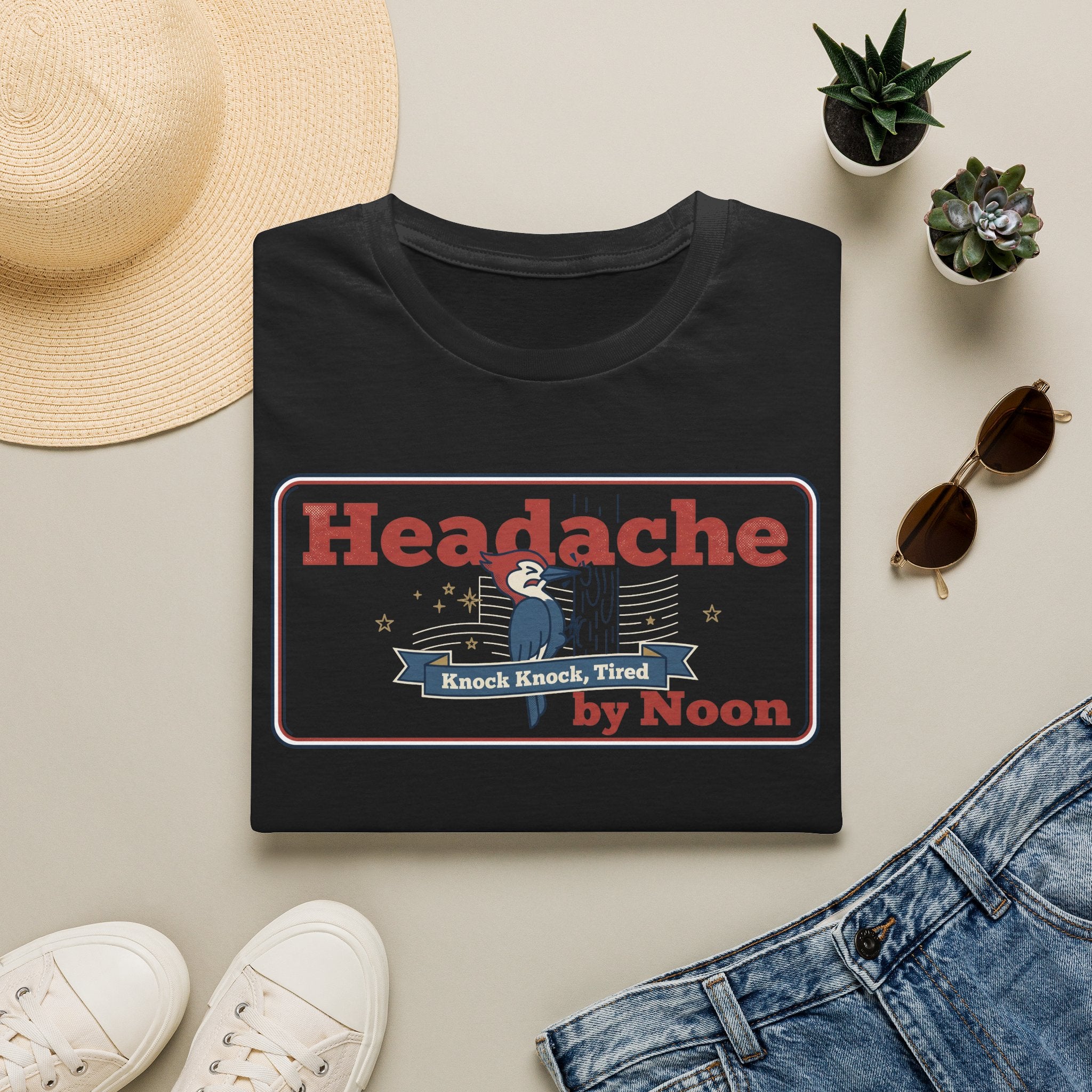 Funny Headache T-Shirt | Knock Knock Tired by Noon Retro Graphic Tee | Sarcastic Humor Gift