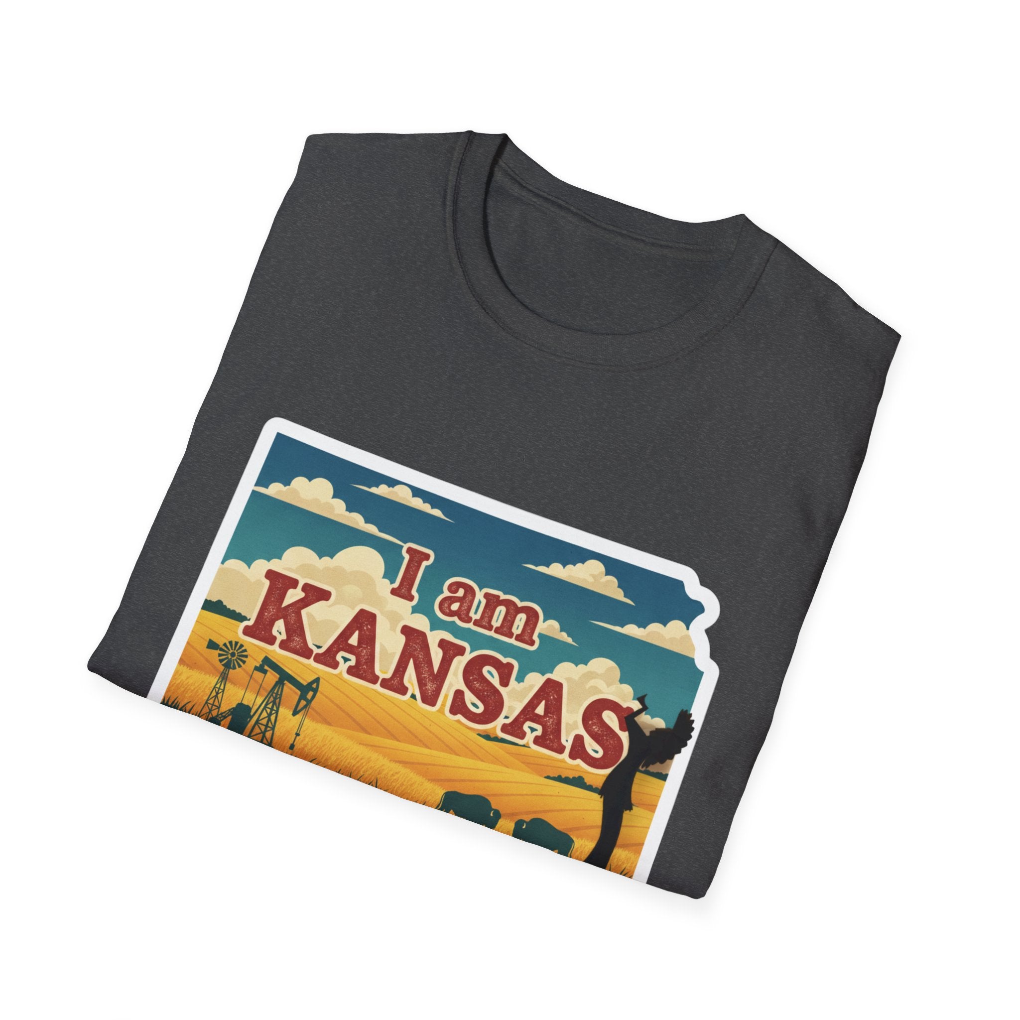 Dark heather T-shirt with Kansas scene graphic: “I am KANSAS”