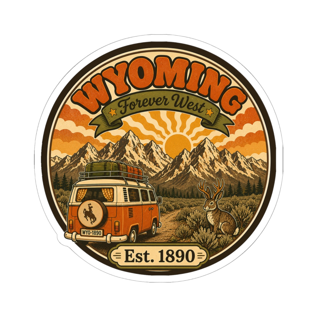 Round kiss-cut vinyl sticker with vintage Wyoming landscape, orange bus, rabbit, “Est. 1890”