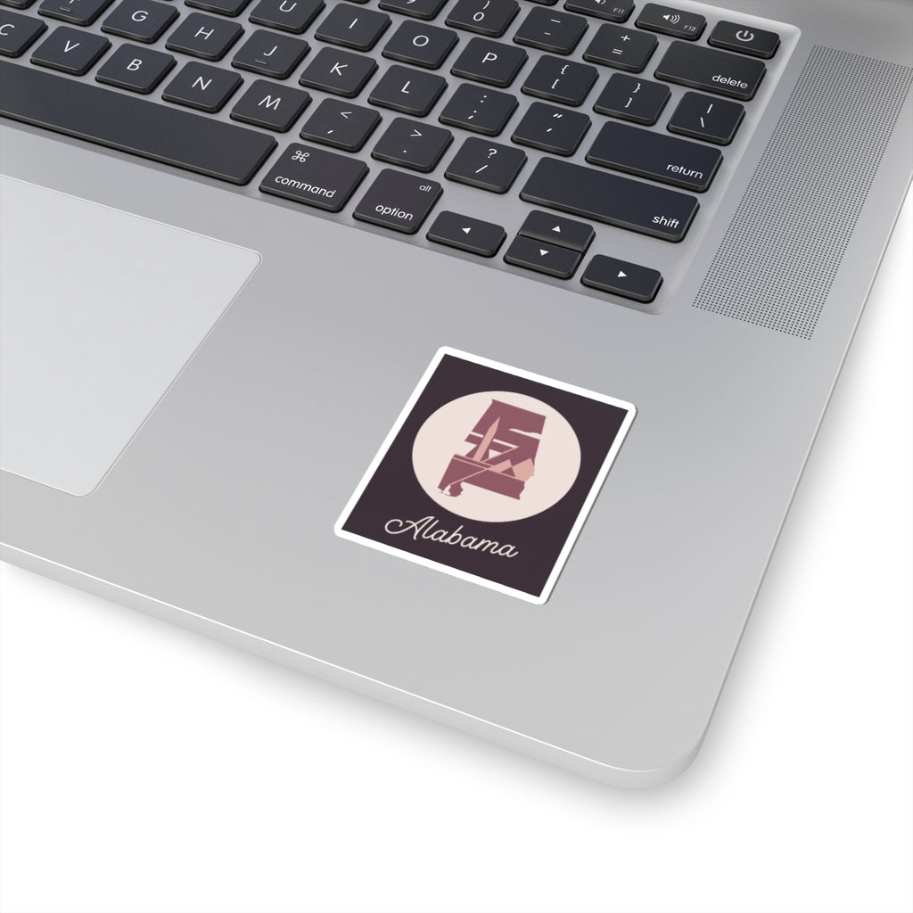 Mauve Alabama silhouette square sticker with cursive Alabama text