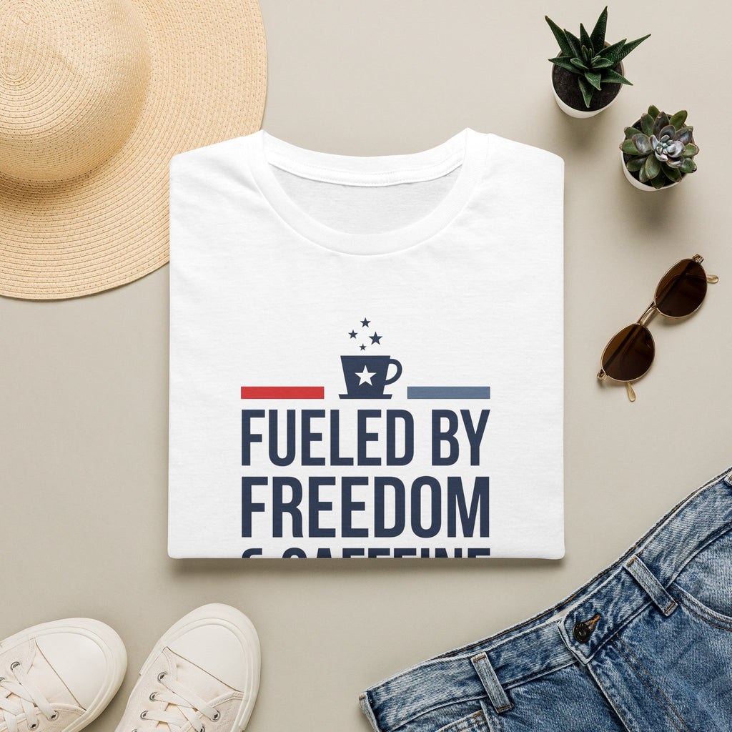 Fueled by Freedom & Caffeine T-Shirt | Patriotic Coffee Lover Tee | 4th of July Gift | Unisex Graphic Tee | American Pride