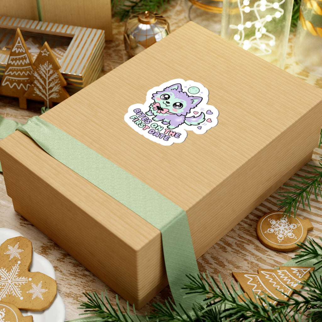 Kawaii wolf kiss-cut sticker with mint-and-purple fur, heart doodles, and "BITES ON THE FIRST DATE"