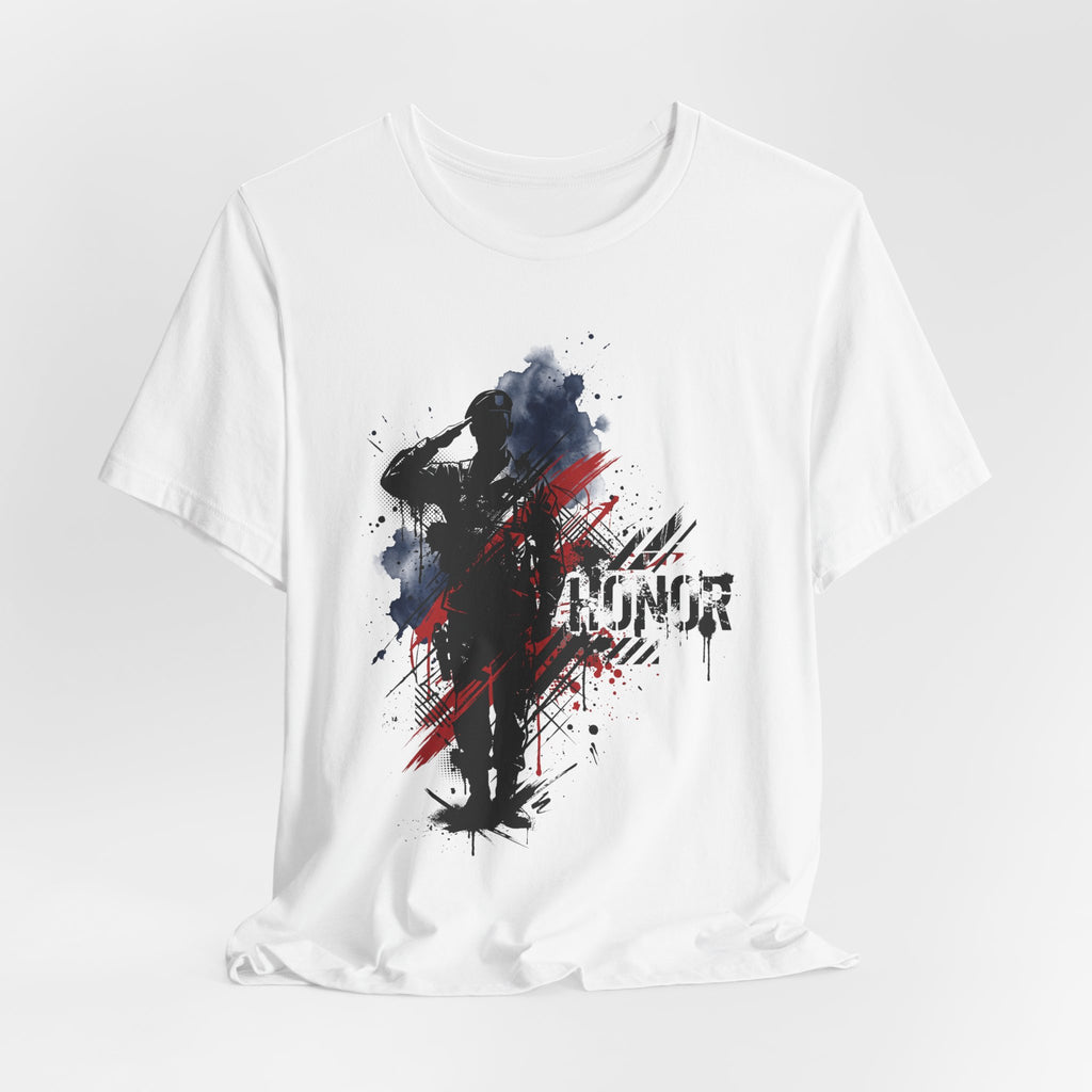 White T-shirt with black, blue, and red soldier silhouette graphic on the chest