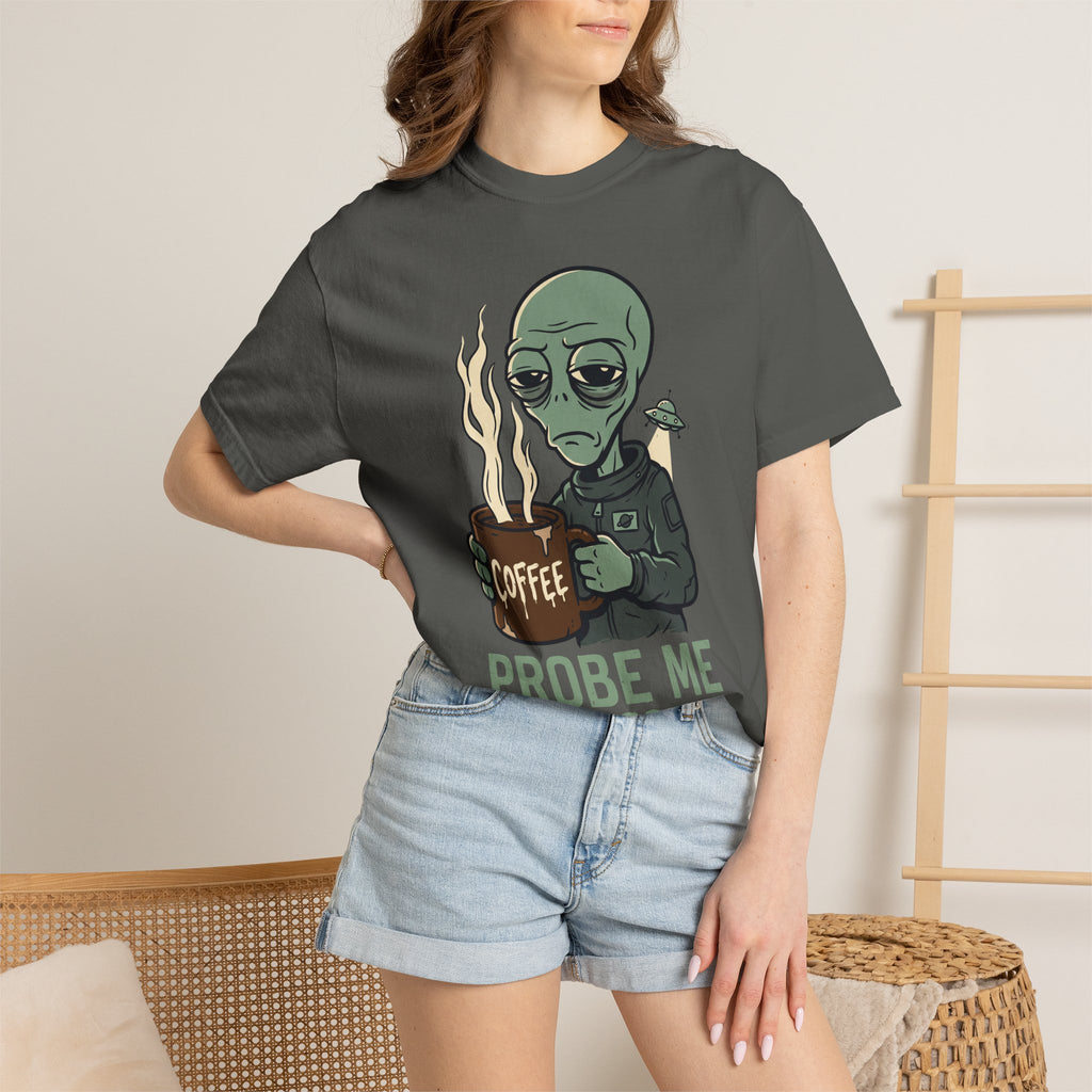 Dark gray alien coffee graphic t-shirt worn by person, front design visible