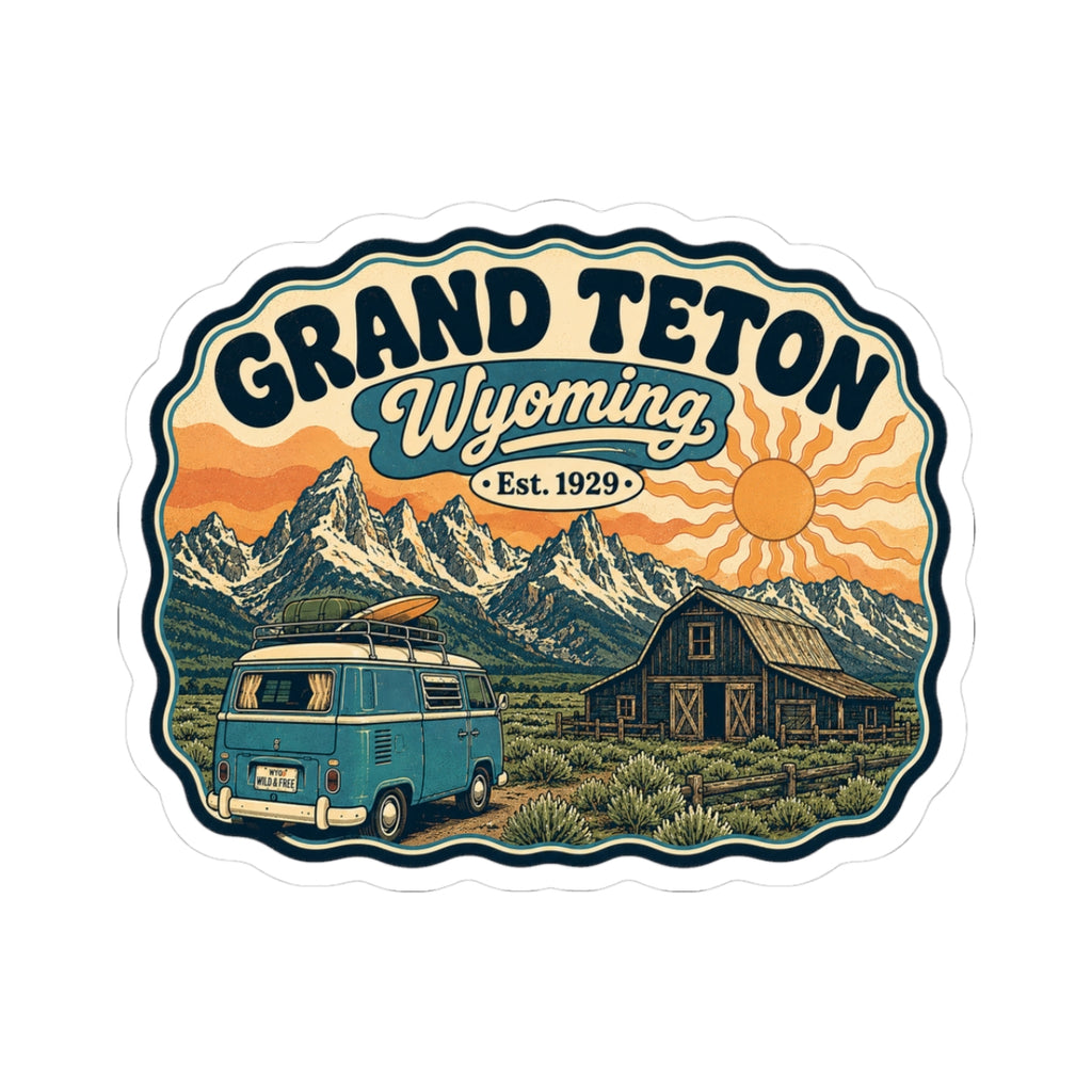 Landscape Grand Teton Wyoming sticker with vintage teal camper van, ranch building, and orange sun