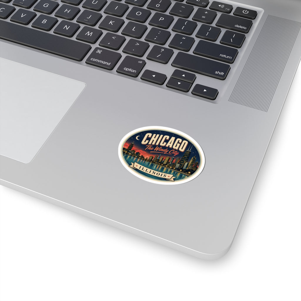 Chicago oval luggage tag sticker with multicolor skyline and blue border