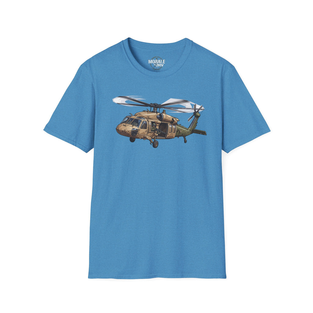 Helicopter graphic T-shirt in blue, front print of a UH-60 Black Hawk