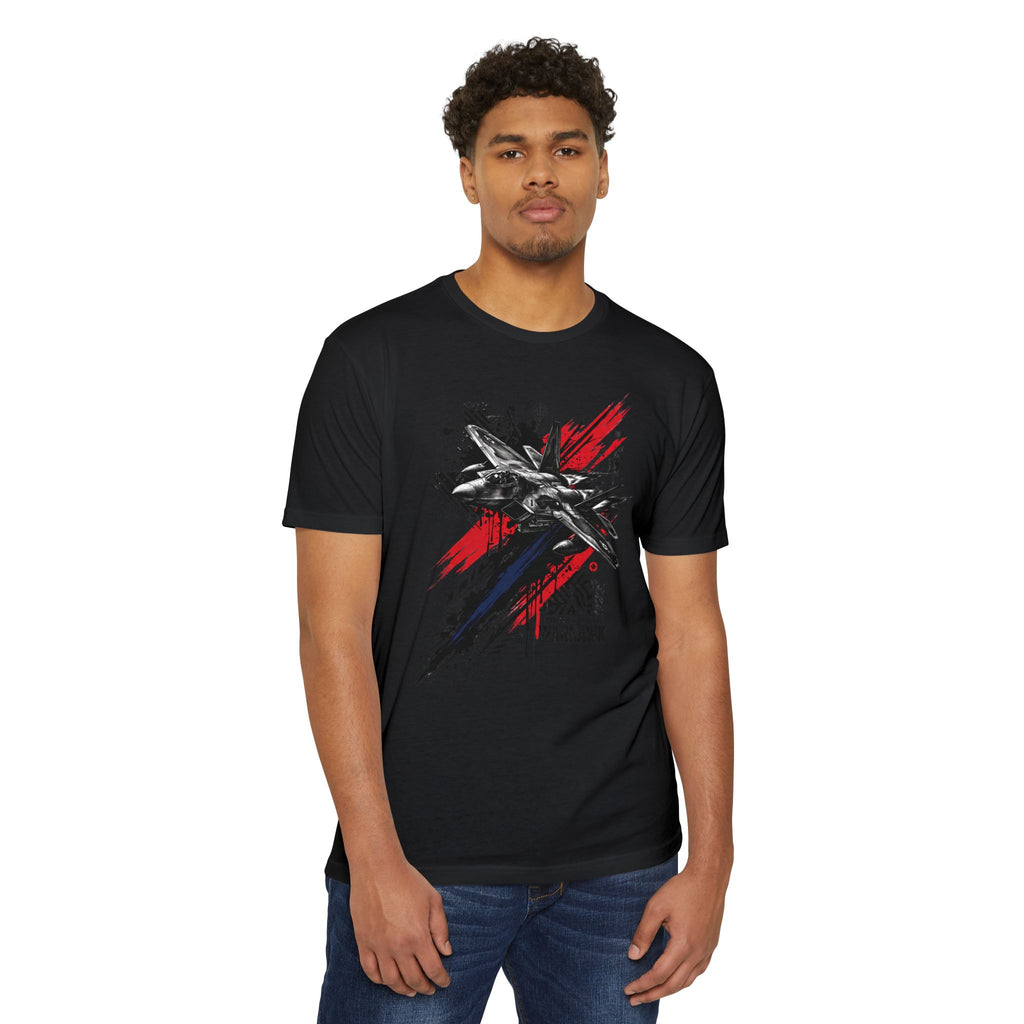 Black crewneck T-shirt with fighter jet graffiti graphic, red and gray splatter