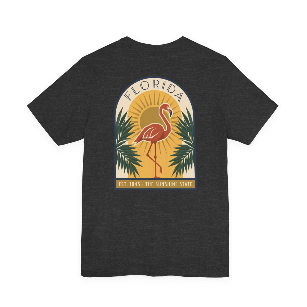 Charcoal flamingo art deco T-shirt with Florida badge and palm graphic
