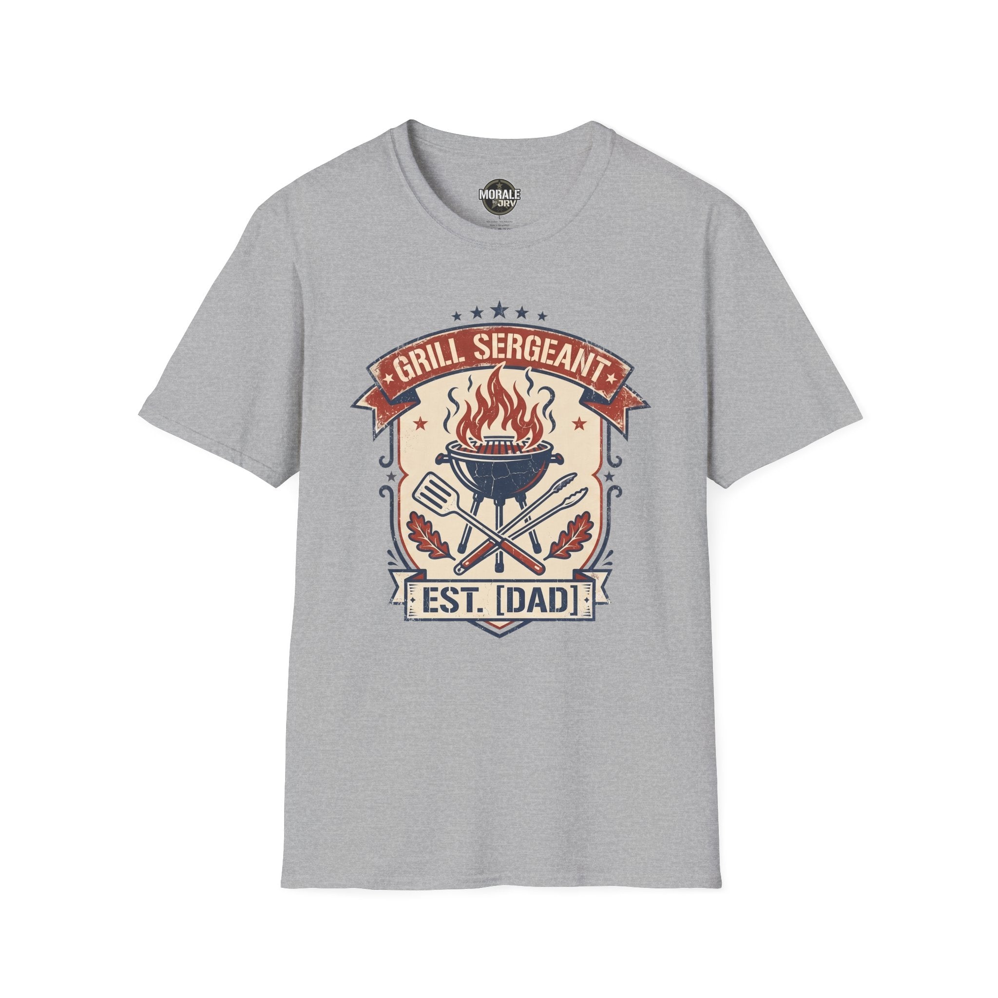 Sport grey Grill Sergeant BBQ T-shirt with flaming grill and EST. [DAD] badge graphic
