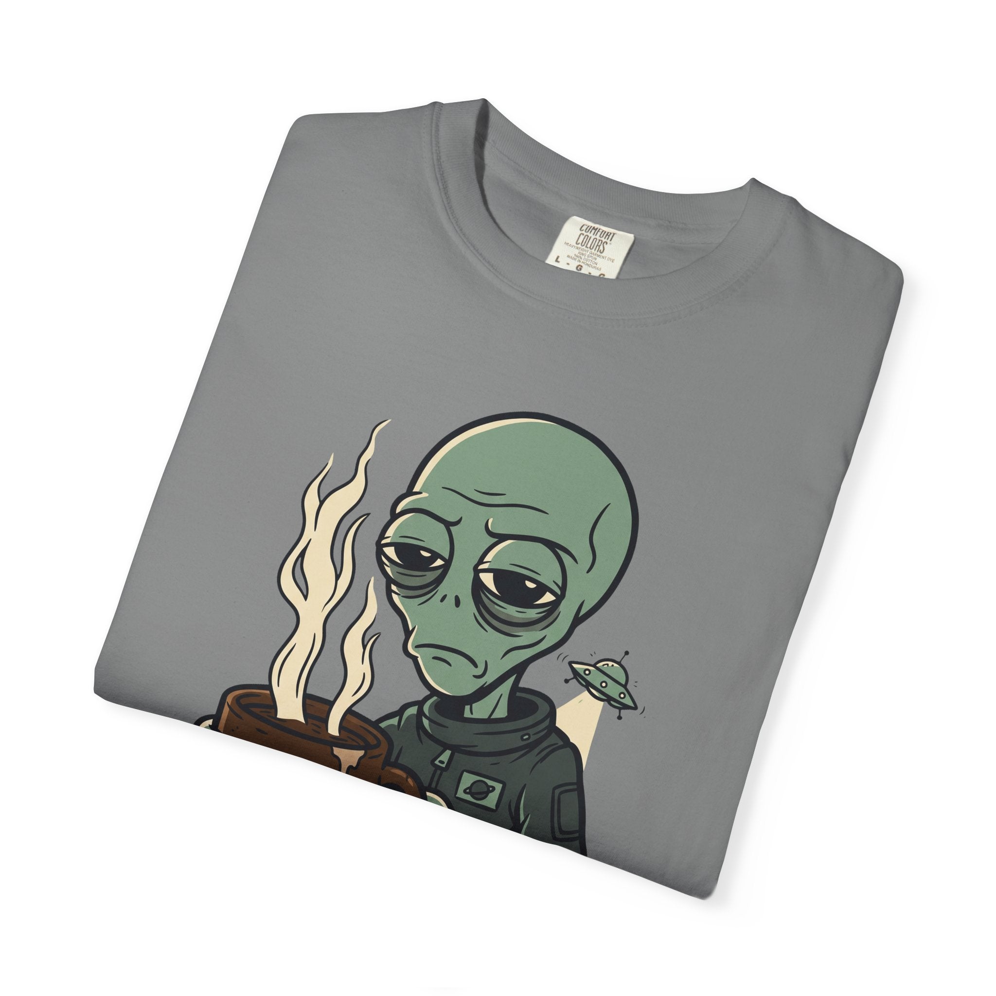 Gray crew-neck T-shirt with alien holding coffee and small spaceship graphic.