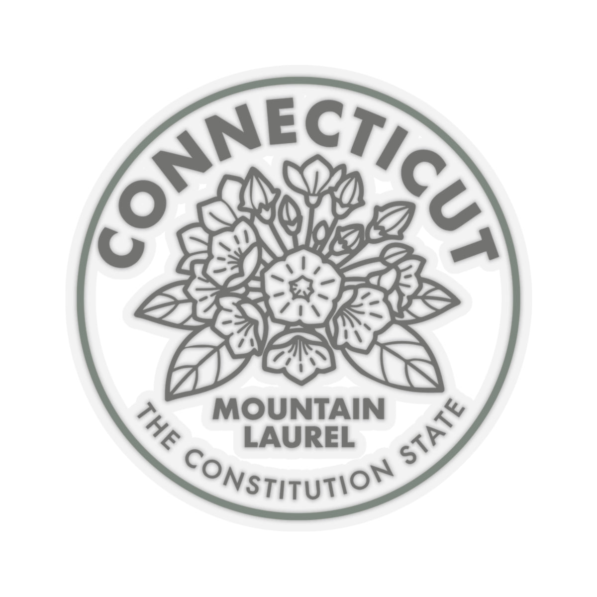 Circular transparent vinyl decal featuring mountain laurel floral illustration with Connecticut wording