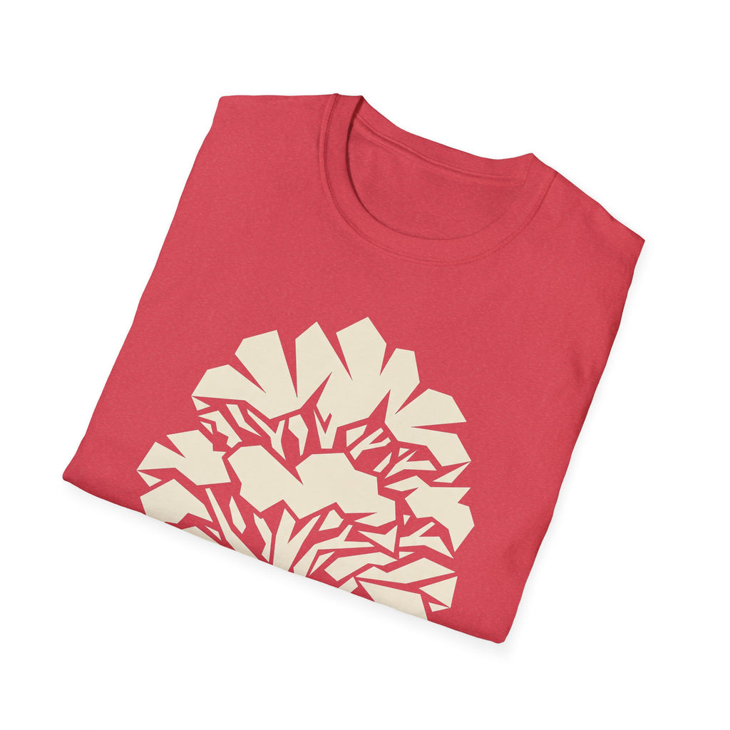 Heather red t-shirt folded view featuring geometric tree silhouette graphic
