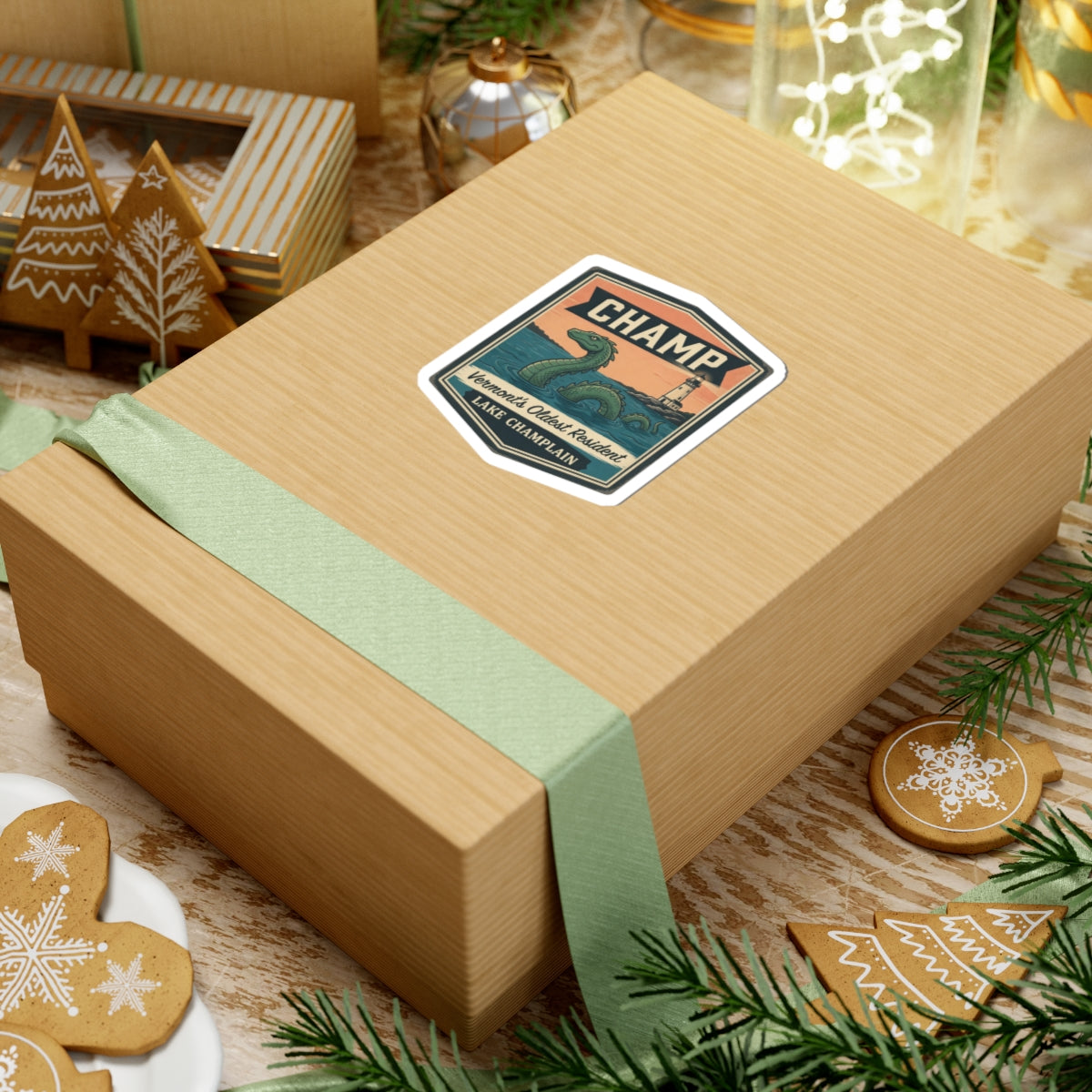 CHAMP sticker placed on a wrapped wooden gift box with green sea serpent and lighthouse design