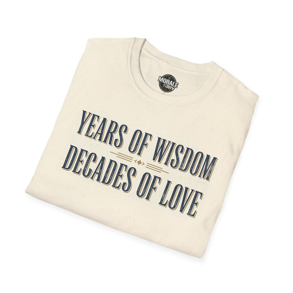 Cream T-shirt with “Years of Wisdom, Decades of Love” quote graphic