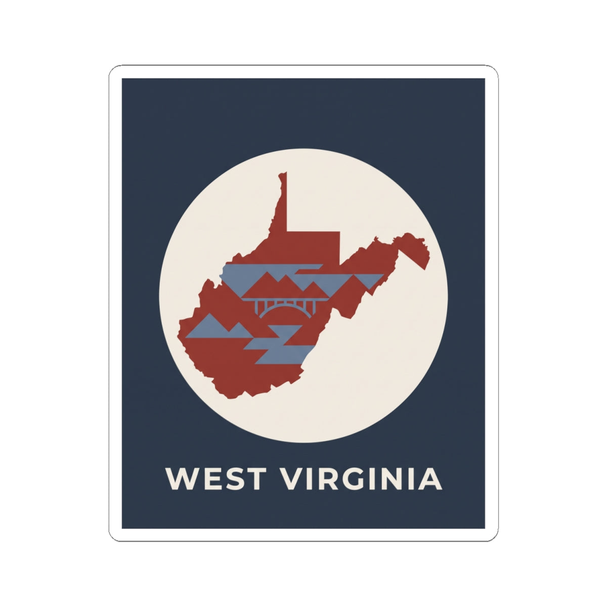 West Virginia map sticker with 'WEST VIRGINIA' text below red and blue state graphic