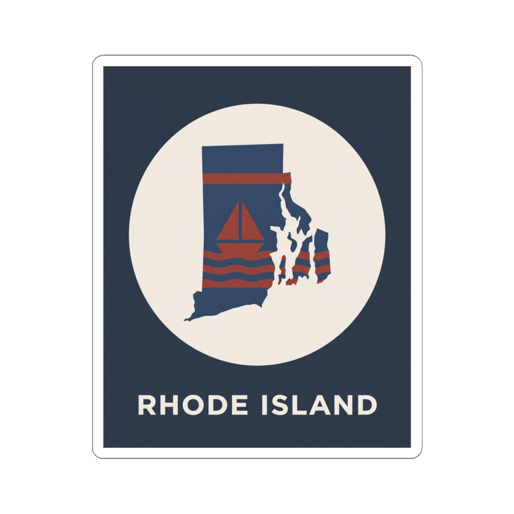 Nautical map sticker showing Rhode Island outline with red waves, sailboat, and text