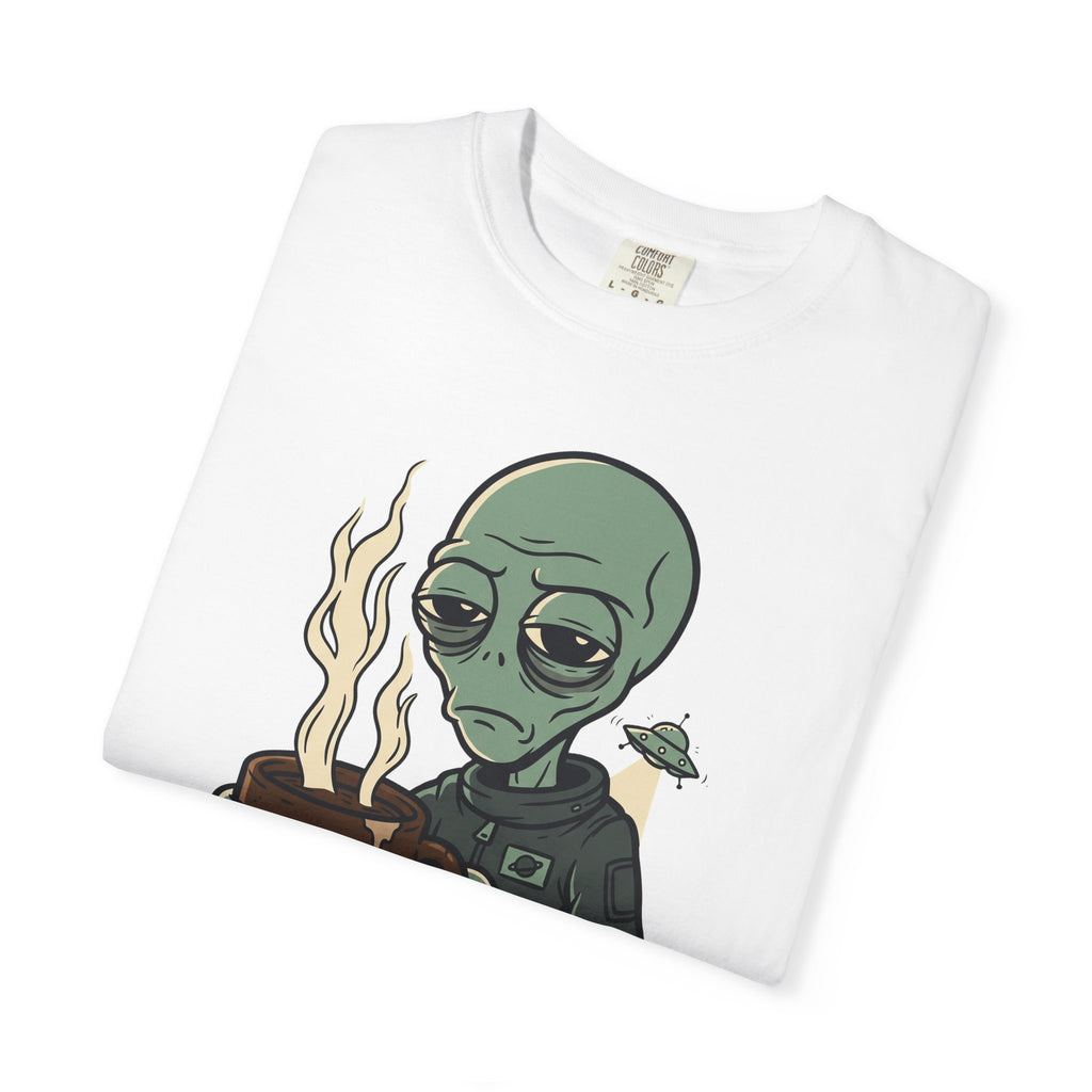 White alien coffee graphic t-shirt with alien holding coffee, front design