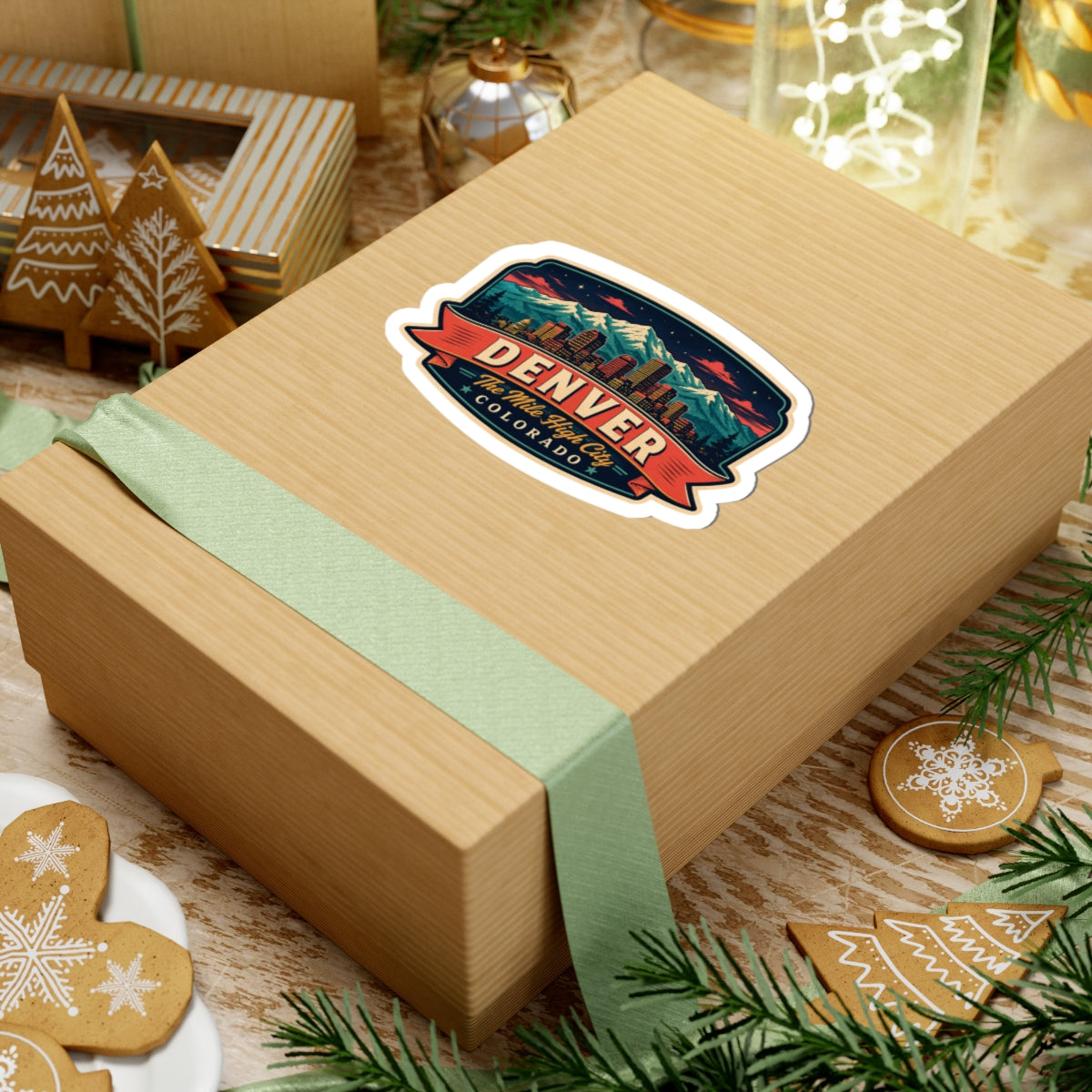 Luggage tag sticker on wrapped gift box with Denver sign and “The Mile High City Colorado”