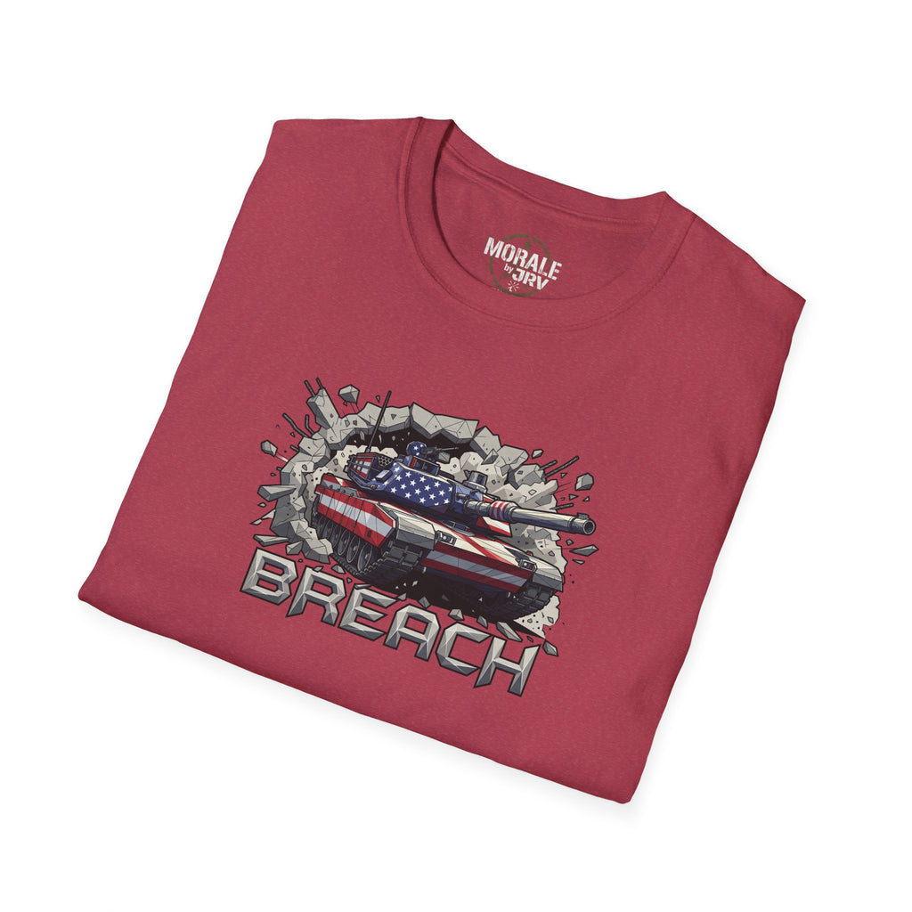 Burgundy crew neck T-shirt with tank graphic and bold “BREACH” text