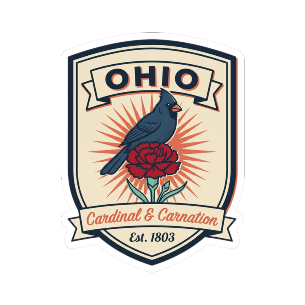 Ohio badge sticker with blue cardinal, red carnation, and “Est. 1803” ribbon