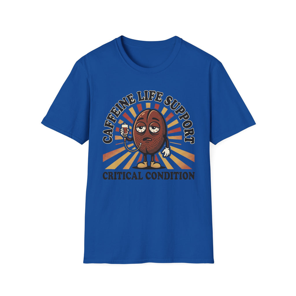 Royal blue T-shirt with cartoon coffee bean and “CRITICAL CONDITION” print